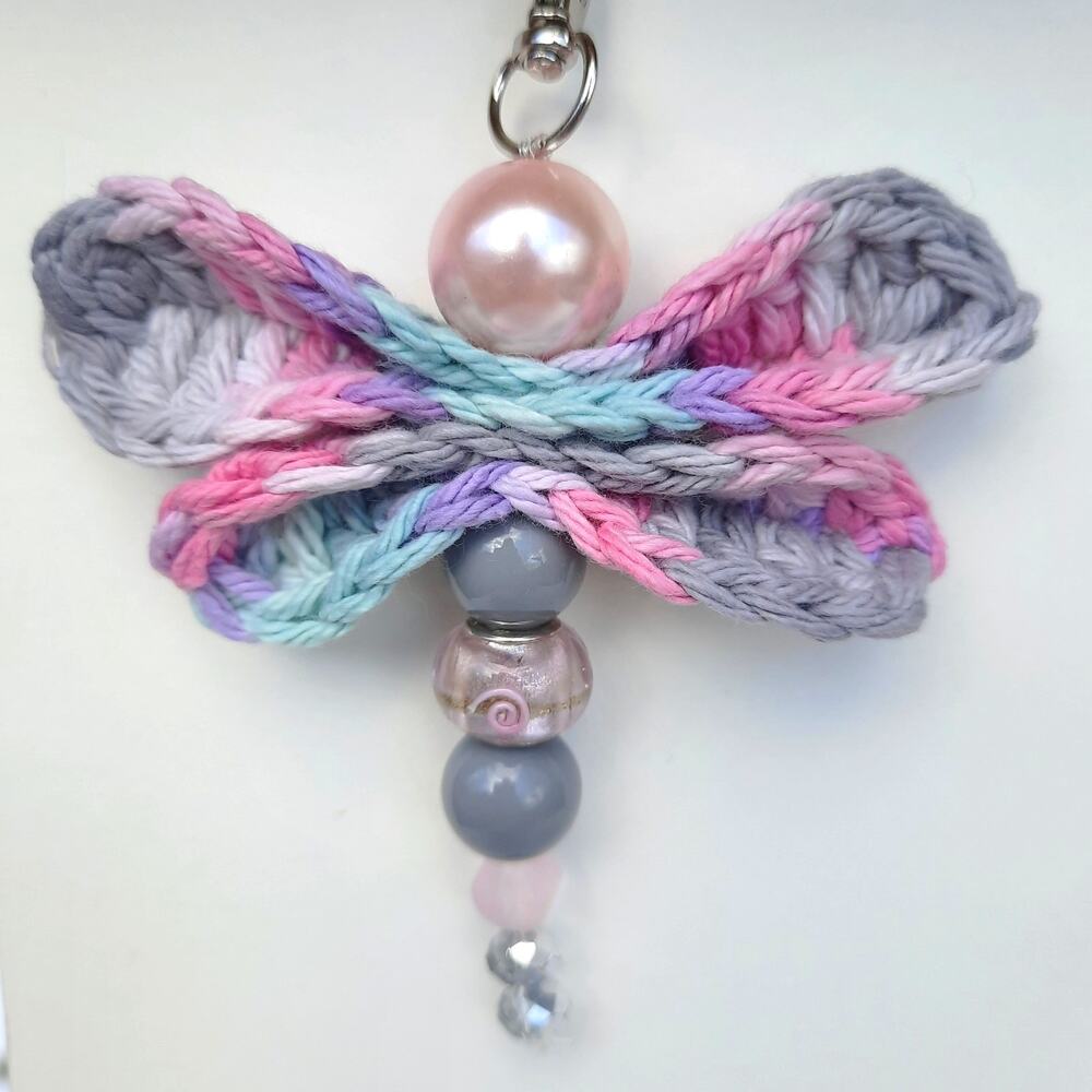 Crochet Winged Dragonfly Bag Charm Handmade Soft Pink Gray Beaded Purse Keychain